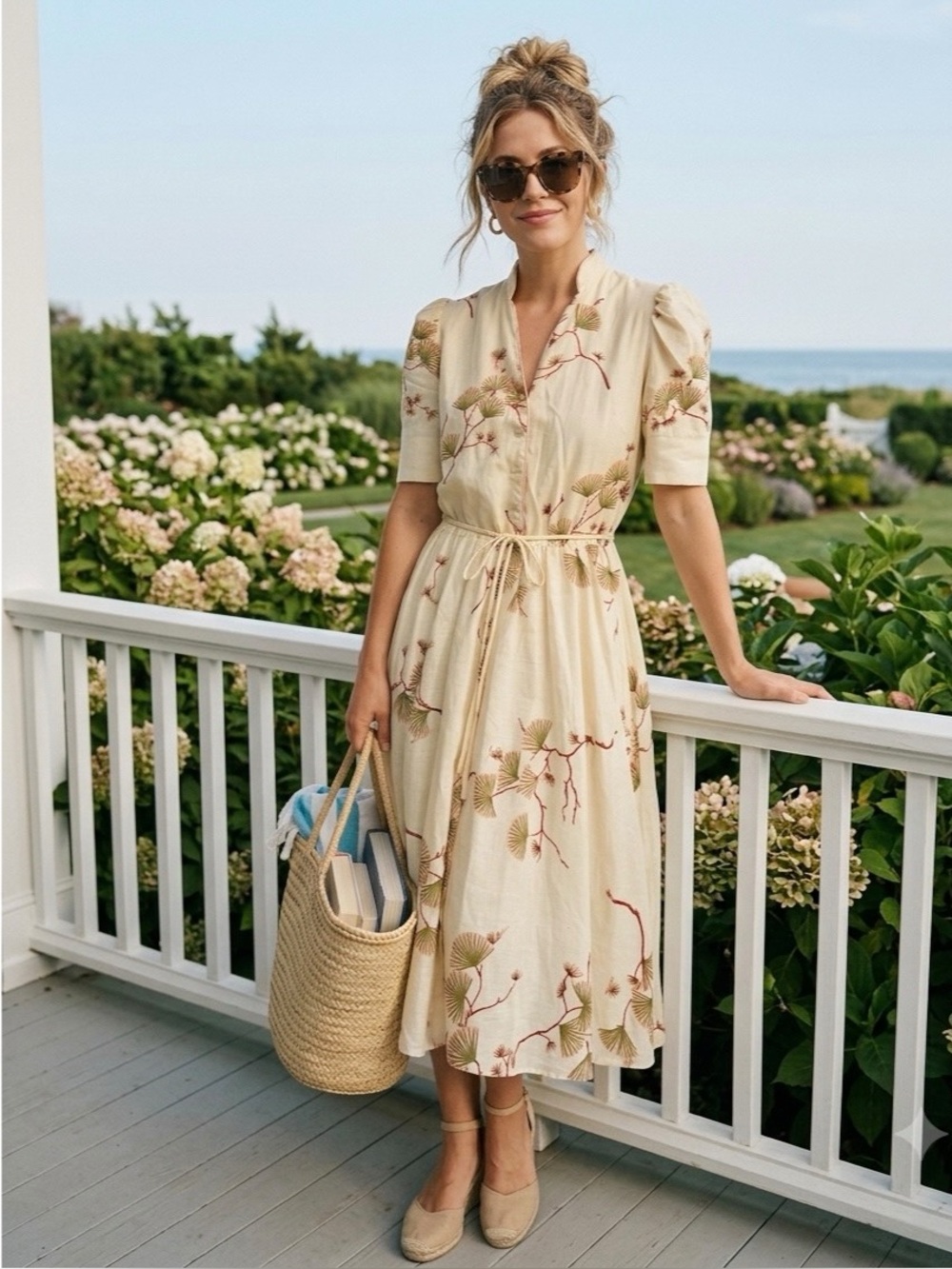 VTG Tobi Canada Floral Half-Button Midi Dress Cream Pink Puff Sleeve Size 5/6